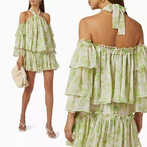 Misa Los Angeles Ditte Halter Neck Top Marion Tiered Green Mini Skirt Set
